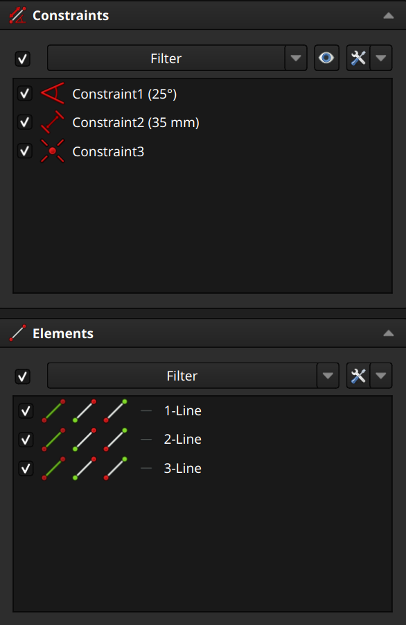FreeCAD sketcher workbench elements and constrains pane